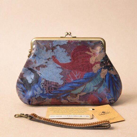 Patricia Nash Savena Leather Wristlet Clutch Blue Forest Tan Kiss Lock NWT